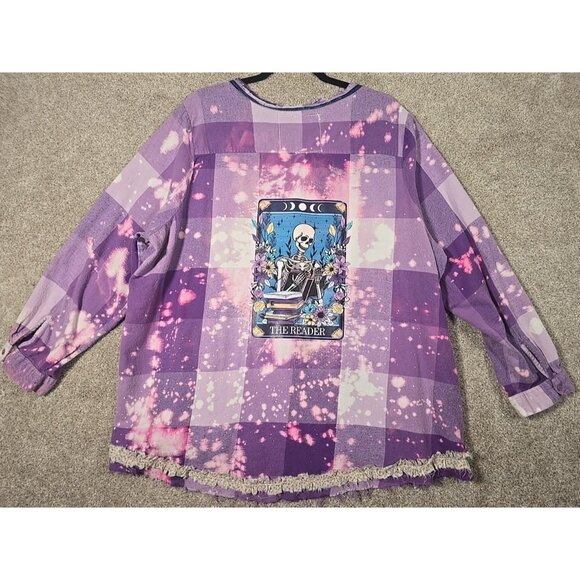 OOAK Upcycled Flannel Shacket Shirt Skeleton The Reader Book Lover Cozy Sz 2XL - Picture 1 of 12
